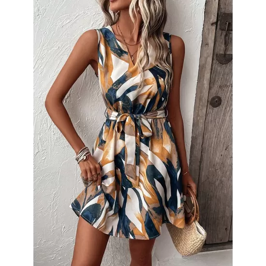 Printed Tied Waist A-Line Loose V-Neck Mini Dresses Printed Tied Waist A-Line Loose V-Neck Mini Dresses