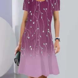 Flower Print A-Line Loose Round-Neck Mini Dresses