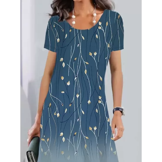 Flower Print A-Line Loose Round-Neck Mini Dresses Flower Print A-Line Loose Round-Neck Mini Dresses