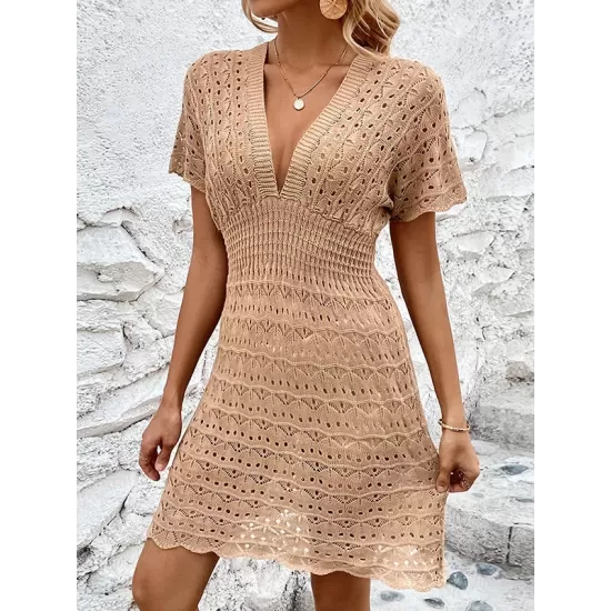 Hollow See-Through Solid Color Loose Short Sleeves Deep V-Neck Mini Dresses Hollow See-Through Solid Color Loose Short Sleeves Deep V-Neck Mini Dresses