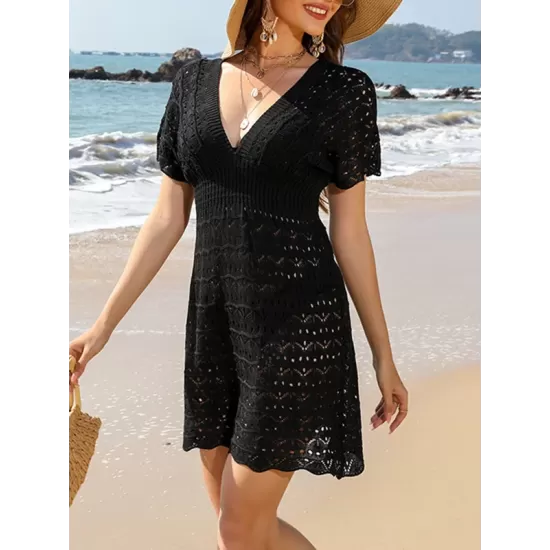 Hollow See-Through Solid Color Loose Short Sleeves Deep V-Neck Mini Dresses Hollow See-Through Solid Color Loose Short Sleeves Deep V-Neck Mini Dresses