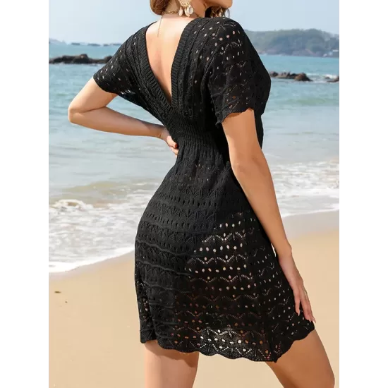Hollow See-Through Solid Color Loose Short Sleeves Deep V-Neck Mini Dresses Hollow See-Through Solid Color Loose Short Sleeves Deep V-Neck Mini Dresses