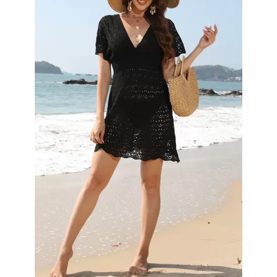 Hollow See-Through Solid Color Loose Short Sleeves Deep V-Neck Mini Dresses Hollow See-Through Solid Color Loose Short Sleeves Deep V-Neck Mini Dresses