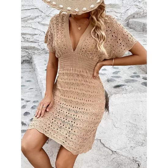 Hollow See-Through Solid Color Loose Short Sleeves Deep V-Neck Mini Dresses Hollow See-Through Solid Color Loose Short Sleeves Deep V-Neck Mini Dresses