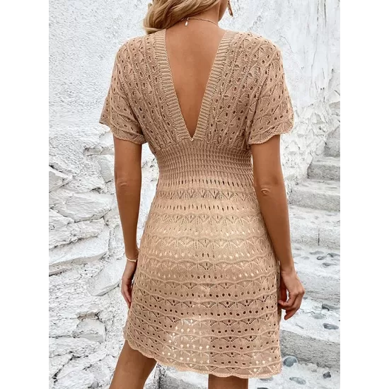 Hollow See-Through Solid Color Loose Short Sleeves Deep V-Neck Mini Dresses Hollow See-Through Solid Color Loose Short Sleeves Deep V-Neck Mini Dresses