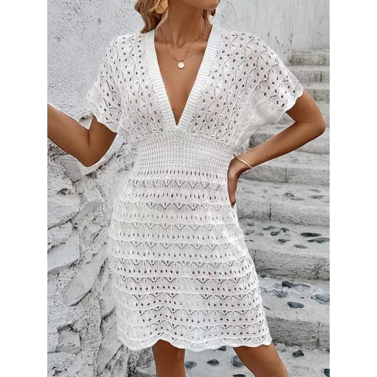 Hollow See-Through Solid Color Loose Short Sleeves Deep V-Neck Mini Dresses Hollow See-Through Solid Color Loose Short Sleeves Deep V-Neck Mini Dresses