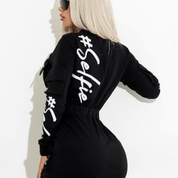 Letter Print Zipper Collar Long Sleeves Mini Dresses