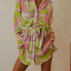 Buttoned Pleated Printed Tied Waist Long Sleeves Loose Lapel Mini Dresses