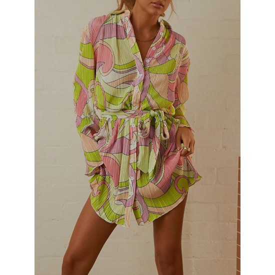 Buttoned Pleated Printed Tied Waist Long Sleeves Loose Lapel Mini Dresses Buttoned Pleated Printed Tied Waist Long Sleeves Loose Lapel Mini Dresses