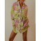Buttoned Pleated Printed Tied Waist Long Sleeves Loose Lapel Mini Dresses