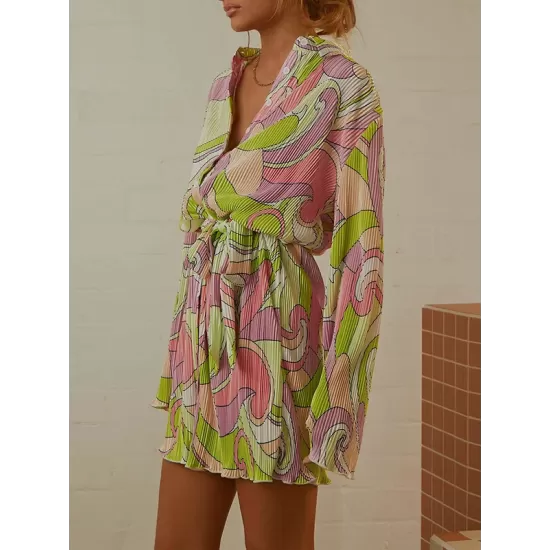 Buttoned Pleated Printed Tied Waist Long Sleeves Loose Lapel Mini Dresses Buttoned Pleated Printed Tied Waist Long Sleeves Loose Lapel Mini Dresses
