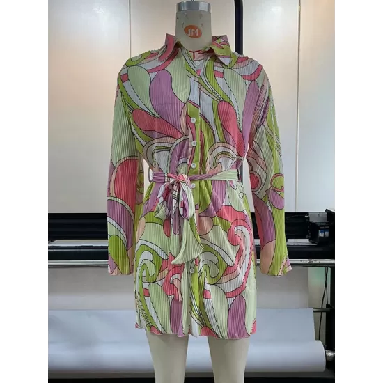Buttoned Pleated Printed Tied Waist Long Sleeves Loose Lapel Mini Dresses Buttoned Pleated Printed Tied Waist Long Sleeves Loose Lapel Mini Dresses