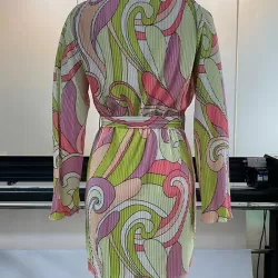 Buttoned Pleated Printed Tied Waist Long Sleeves Loose Lapel Mini Dresses