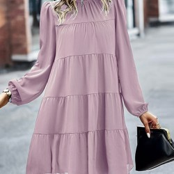 Elasticity Pleated Solid Color Split-Joint Tied A-Line Bishop Sleeve Mock Neck Mini Dresses