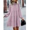 Elasticity Pleated Solid Color Split-Joint Tied A-Line Bishop Sleeve Mock Neck Mini Dresses