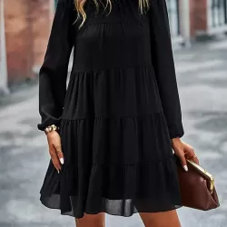 Elasticity Pleated Solid Color Split-Joint Tied A-Line Bishop Sleeve Mock Neck Mini Dresses