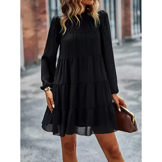 Elasticity Pleated Solid Color Split-Joint Tied A-Line Bishop Sleeve Mock Neck Mini Dresses Elasticity Pleated Solid Color Split-Joint Tied A-Line Bishop Sleeve Mock Neck Mini Dresses