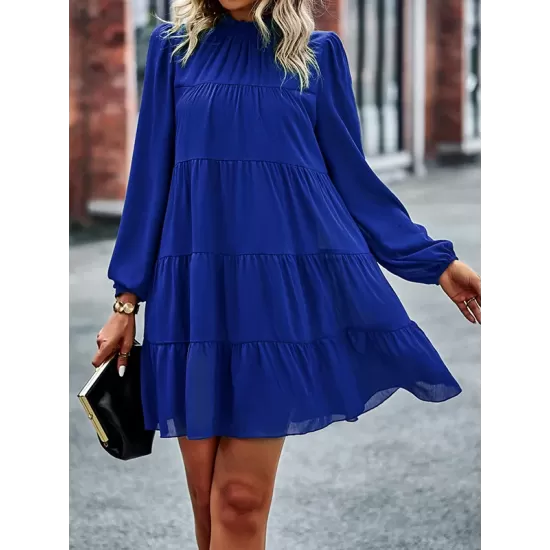Elasticity Pleated Solid Color Split-Joint Tied A-Line Bishop Sleeve Mock Neck Mini Dresses Elasticity Pleated Solid Color Split-Joint Tied A-Line Bishop Sleeve Mock Neck Mini Dresses