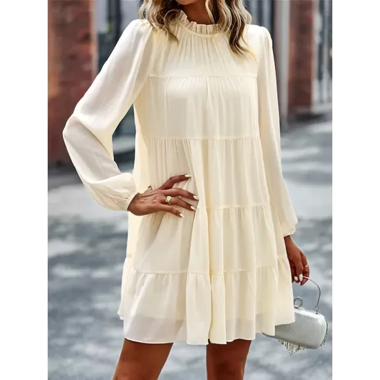 Elasticity Pleated Solid Color Split-Joint Tied A-Line Bishop Sleeve Mock Neck Mini Dresses Elasticity Pleated Solid Color Split-Joint Tied A-Line Bishop Sleeve Mock Neck Mini Dresses