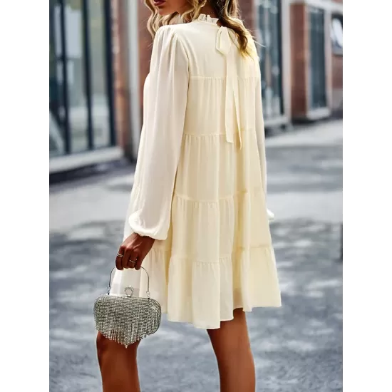 Elasticity Pleated Solid Color Split-Joint Tied A-Line Bishop Sleeve Mock Neck Mini Dresses Elasticity Pleated Solid Color Split-Joint Tied A-Line Bishop Sleeve Mock Neck Mini Dresses