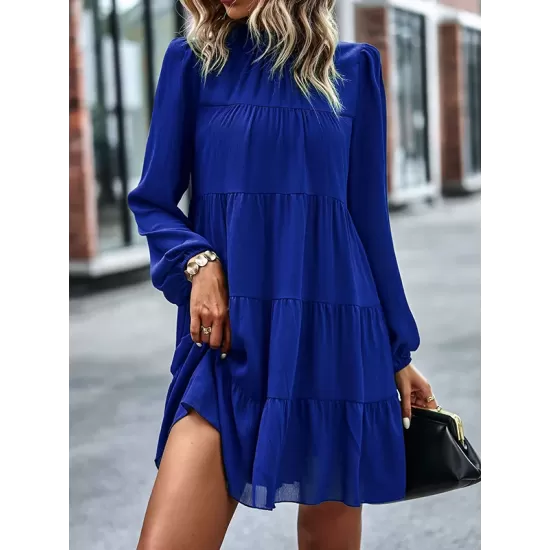 Elasticity Pleated Solid Color Split-Joint Tied A-Line Bishop Sleeve Mock Neck Mini Dresses Elasticity Pleated Solid Color Split-Joint Tied A-Line Bishop Sleeve Mock Neck Mini Dresses