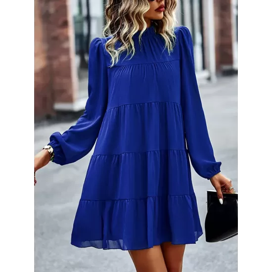 Elasticity Pleated Solid Color Split-Joint Tied A-Line Bishop Sleeve Mock Neck Mini Dresses Elasticity Pleated Solid Color Split-Joint Tied A-Line Bishop Sleeve Mock Neck Mini Dresses