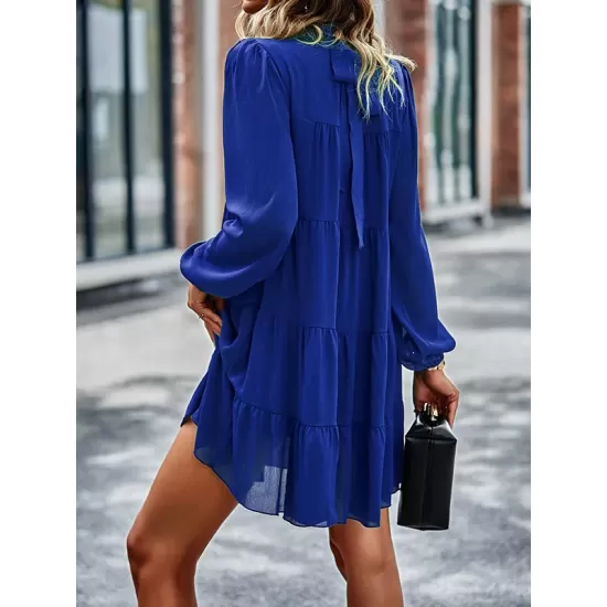 Elasticity Pleated Solid Color Split-Joint Tied A-Line Bishop Sleeve Mock Neck Mini Dresses Elasticity Pleated Solid Color Split-Joint Tied A-Line Bishop Sleeve Mock Neck Mini Dresses