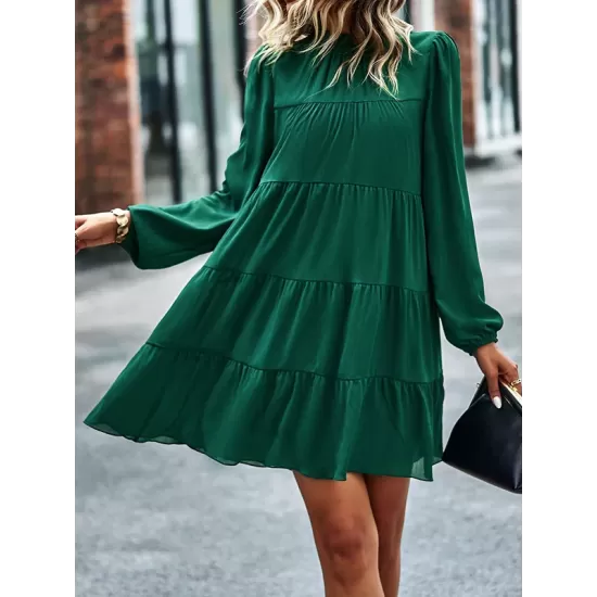 Elasticity Pleated Solid Color Split-Joint Tied A-Line Bishop Sleeve Mock Neck Mini Dresses Elasticity Pleated Solid Color Split-Joint Tied A-Line Bishop Sleeve Mock Neck Mini Dresses
