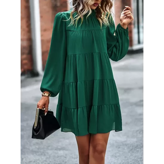 Elasticity Pleated Solid Color Split-Joint Tied A-Line Bishop Sleeve Mock Neck Mini Dresses Elasticity Pleated Solid Color Split-Joint Tied A-Line Bishop Sleeve Mock Neck Mini Dresses