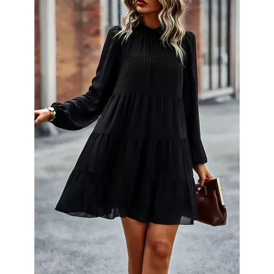 Elasticity Pleated Solid Color Split-Joint Tied A-Line Bishop Sleeve Mock Neck Mini Dresses Elasticity Pleated Solid Color Split-Joint Tied A-Line Bishop Sleeve Mock Neck Mini Dresses