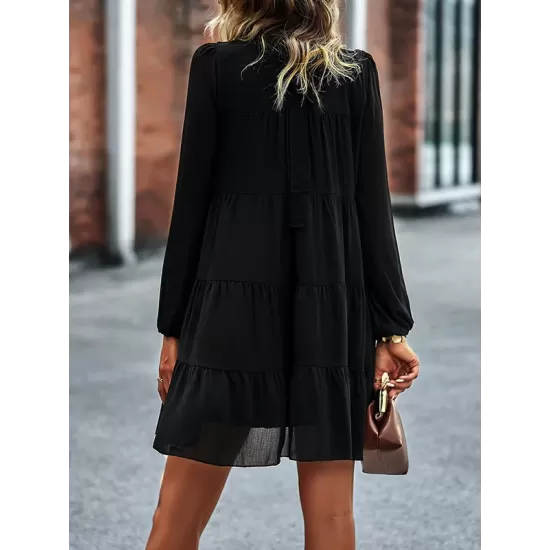 Elasticity Pleated Solid Color Split-Joint Tied A-Line Bishop Sleeve Mock Neck Mini Dresses Elasticity Pleated Solid Color Split-Joint Tied A-Line Bishop Sleeve Mock Neck Mini Dresses