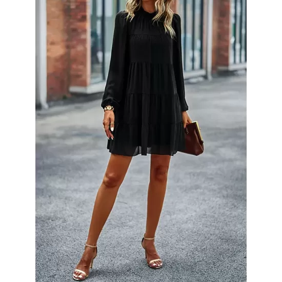 Elasticity Pleated Solid Color Split-Joint Tied A-Line Bishop Sleeve Mock Neck Mini Dresses Elasticity Pleated Solid Color Split-Joint Tied A-Line Bishop Sleeve Mock Neck Mini Dresses