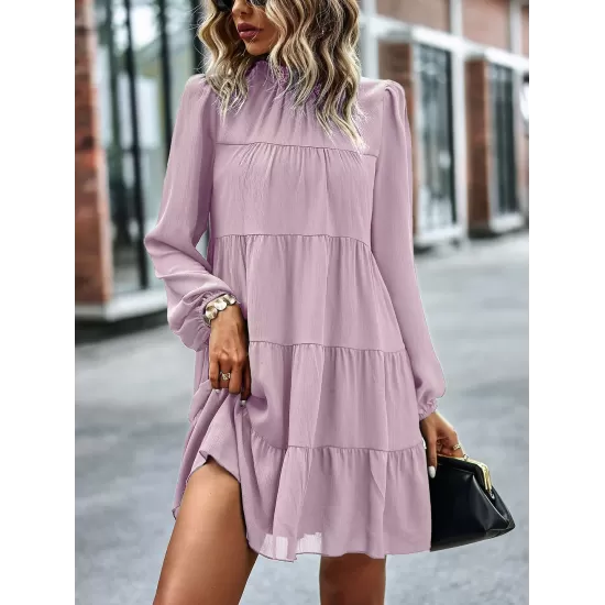 Elasticity Pleated Solid Color Split-Joint Tied A-Line Bishop Sleeve Mock Neck Mini Dresses Elasticity Pleated Solid Color Split-Joint Tied A-Line Bishop Sleeve Mock Neck Mini Dresses