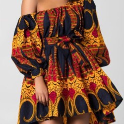 Elasticity Printed Tied Waist High Waisted Loose One-Shoulder Mini Dresses