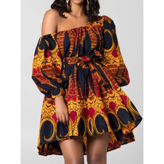 Elasticity Printed Tied Waist High Waisted Loose One-Shoulder Mini Dresses Elasticity Printed Tied Waist High Waisted Loose One-Shoulder Mini Dresses