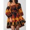 Elasticity Printed Tied Waist High Waisted Loose One-Shoulder Mini Dresses
