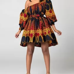 Elasticity Printed Tied Waist High Waisted Loose One-Shoulder Mini Dresses