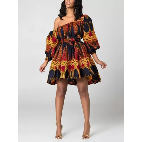 Elasticity Printed Tied Waist High Waisted Loose One-Shoulder Mini Dresses Elasticity Printed Tied Waist High Waisted Loose One-Shoulder Mini Dresses