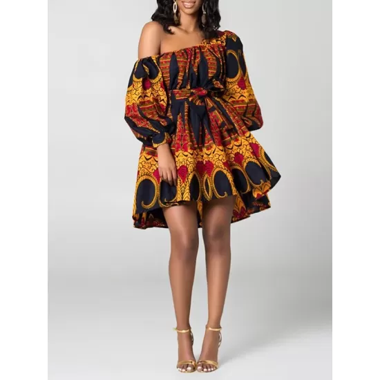 Elasticity Printed Tied Waist High Waisted Loose One-Shoulder Mini Dresses Elasticity Printed Tied Waist High Waisted Loose One-Shoulder Mini Dresses
