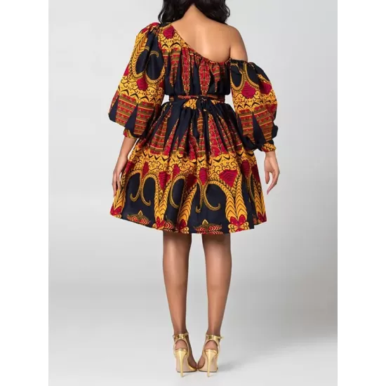 Elasticity Printed Tied Waist High Waisted Loose One-Shoulder Mini Dresses Elasticity Printed Tied Waist High Waisted Loose One-Shoulder Mini Dresses