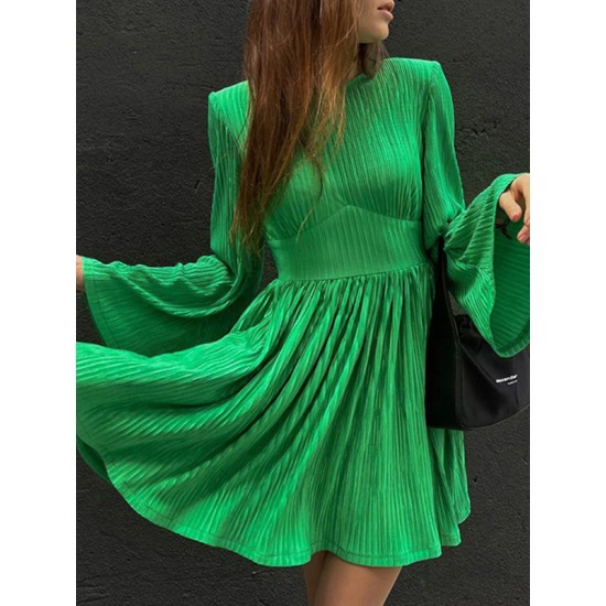 High-Waisted Pleated Solid Color Zipper A-line Flared Sleeves Round-neck Mini Dresses High-Waisted Pleated Solid Color Zipper A-line Flared Sleeves Round-neck Mini Dresses
