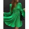 High-Waisted Pleated Solid Color Zipper A-line Flared Sleeves Round-neck Mini Dresses