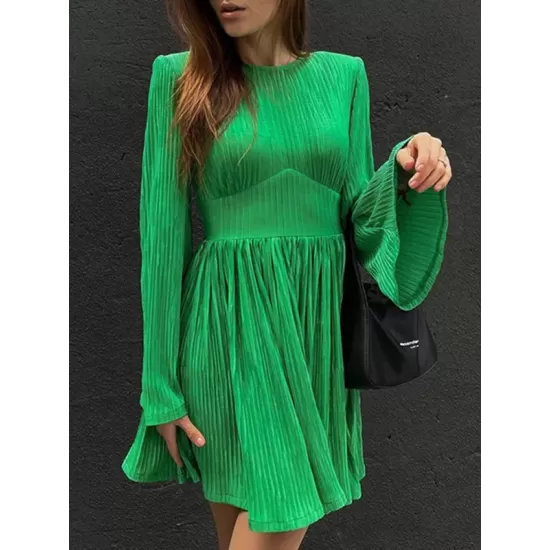 High-Waisted Pleated Solid Color Zipper A-line Flared Sleeves Round-neck Mini Dresses High-Waisted Pleated Solid Color Zipper A-line Flared Sleeves Round-neck Mini Dresses
