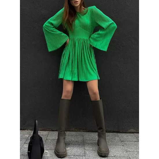 High-Waisted Pleated Solid Color Zipper A-line Flared Sleeves Round-neck Mini Dresses High-Waisted Pleated Solid Color Zipper A-line Flared Sleeves Round-neck Mini Dresses
