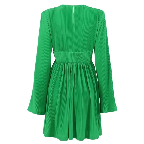 High-Waisted Pleated Solid Color Zipper A-line Flared Sleeves Round-neck Mini Dresses High-Waisted Pleated Solid Color Zipper A-line Flared Sleeves Round-neck Mini Dresses