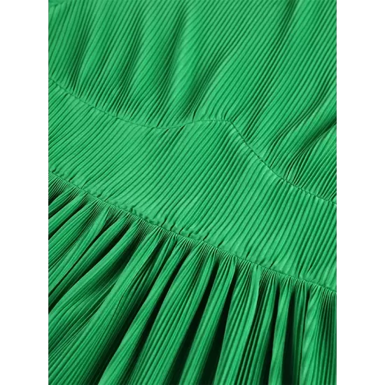 High-Waisted Pleated Solid Color Zipper A-line Flared Sleeves Round-neck Mini Dresses High-Waisted Pleated Solid Color Zipper A-line Flared Sleeves Round-neck Mini Dresses