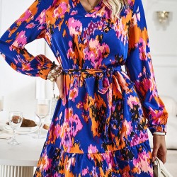 Printed Split-Joint Tied Waist Long Sleeves Loose V-Neck Mini Dresses