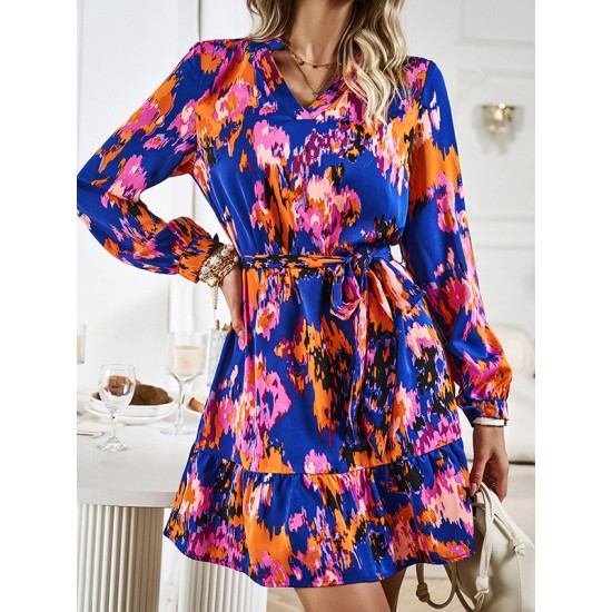 Printed Split-Joint Tied Waist Long Sleeves Loose V-Neck Mini Dresses Printed Split-Joint Tied Waist Long Sleeves Loose V-Neck Mini Dresses