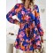 Printed Split-Joint Tied Waist Long Sleeves Loose V-Neck Mini Dresses