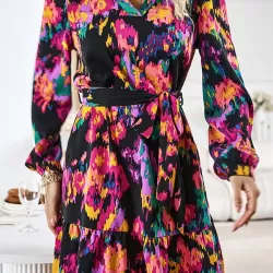 Printed Split-Joint Tied Waist Long Sleeves Loose V-Neck Mini Dresses